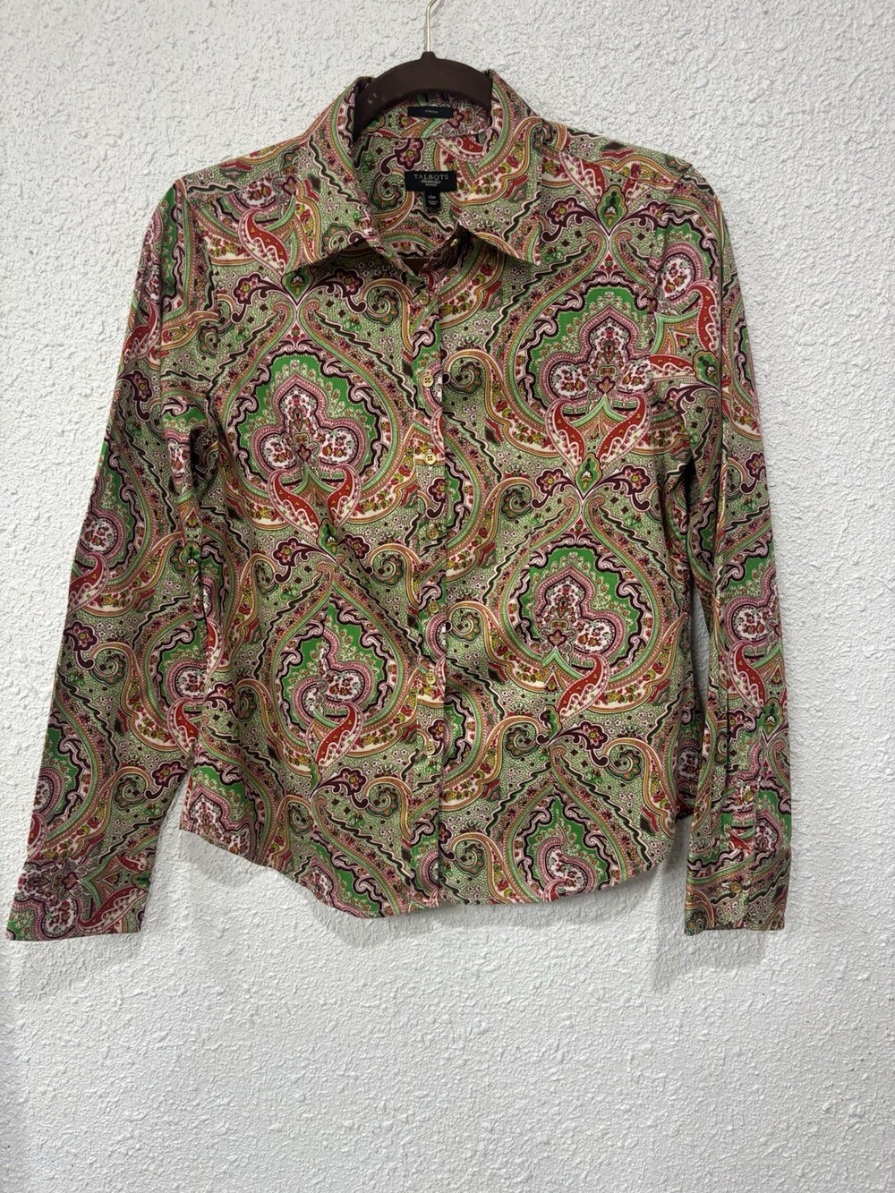 Talbots Petite 10P Paisley Stretch Cotton Blouse Green Red Long Sleeve